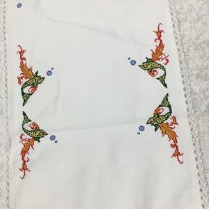 Vintage Embroidery Stitched Fish Bubbles Decorative Linen